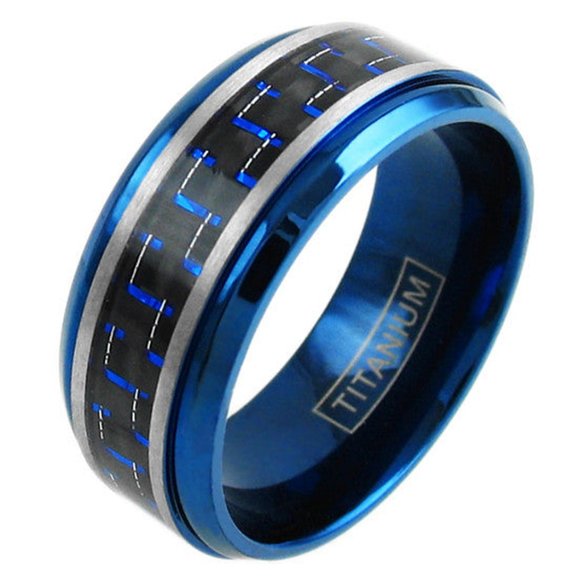 Titanium Wedding Band (8mm). Blue Ring w/ Blue and Black Carbon Fiber Inlay. - Picture 2 of 3
